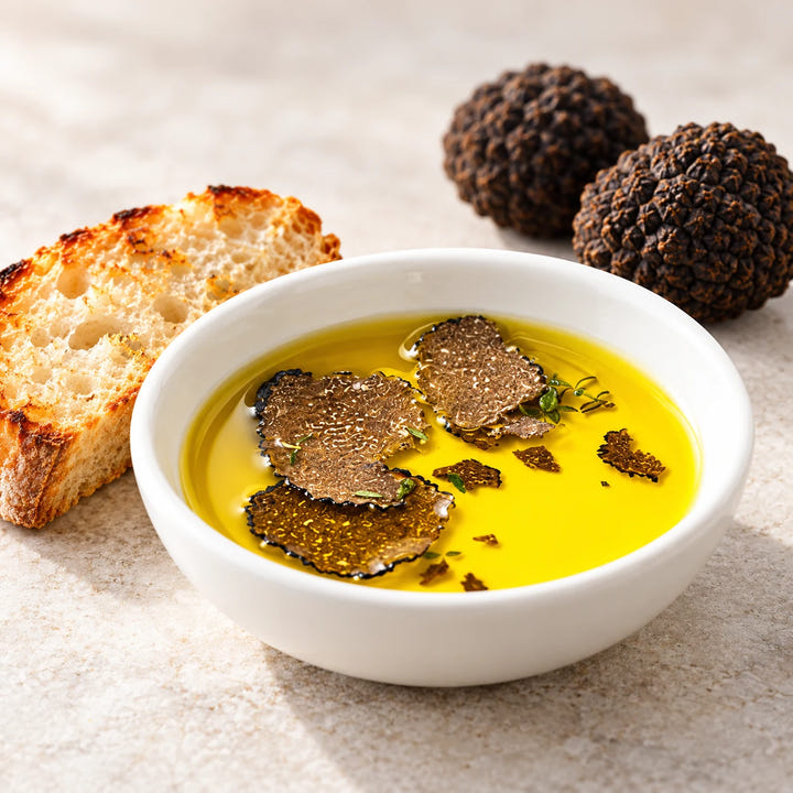 Idea di servizio: olio al tartufo in una ciotola chiara, con pane tostato e tartufi sullo sfondo.
