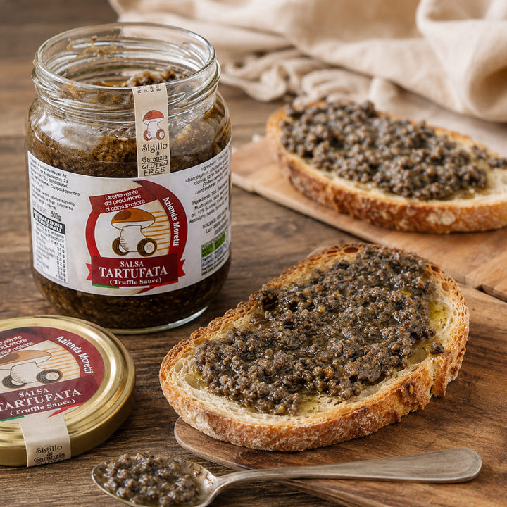 Idea di servizio: salsa tartufata Moretti in vasetto aperto, con due fette di pane condite e un cucchiaino.