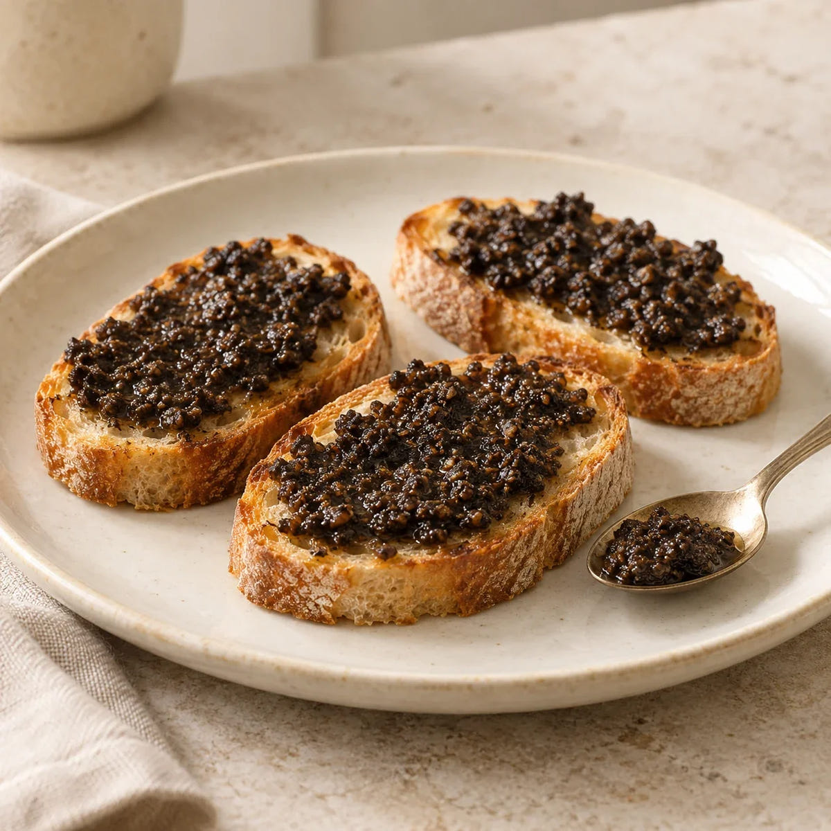 Proposta di servizio: crostini con crema di tartufo estivo dalla consistenza scura e granulosa.