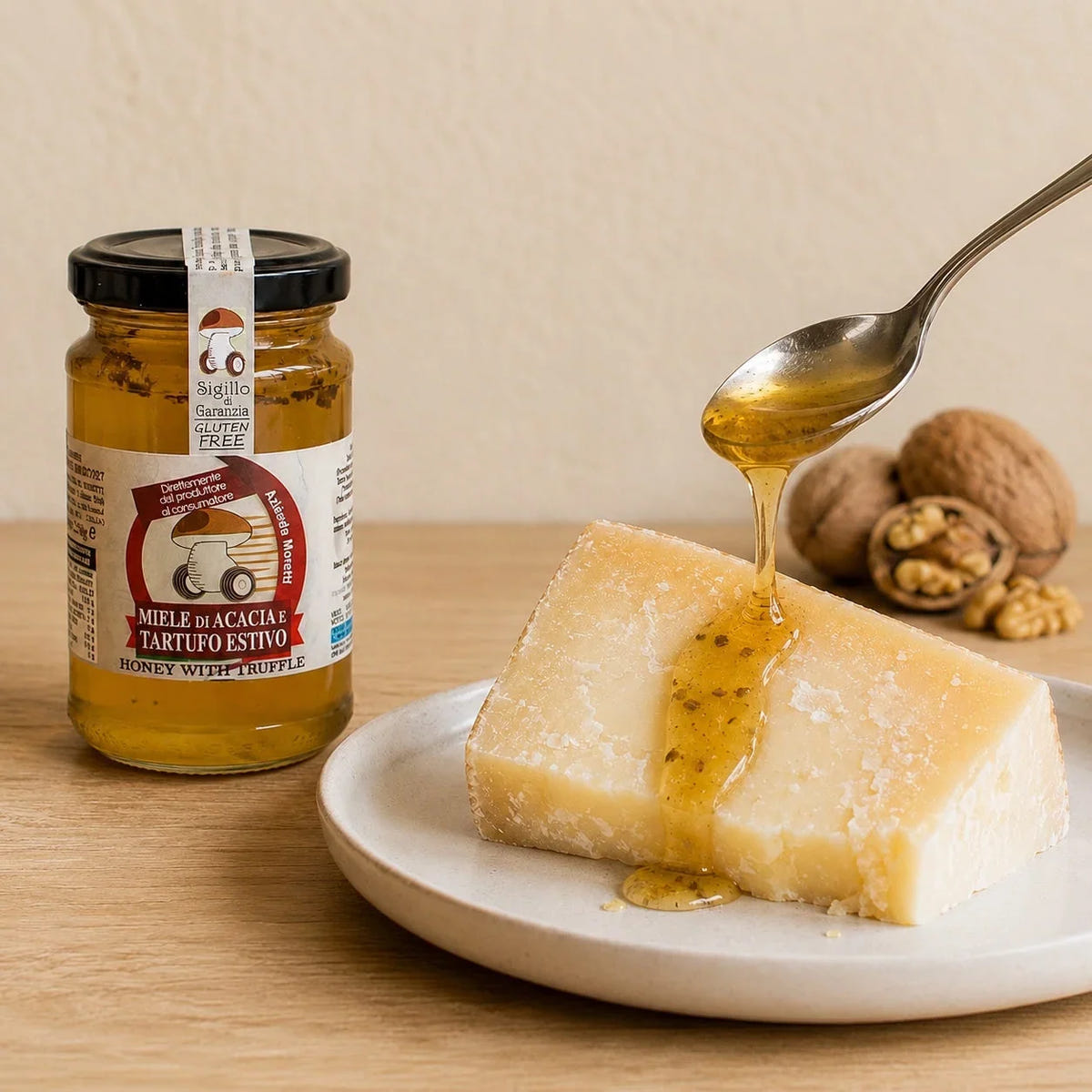 Vasetto di miele al tartufo Moretti accanto a formaggio condito con miele.