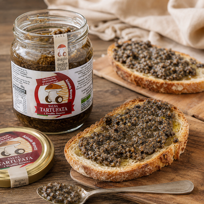 Salsa tartufata Moretti in vasetto aperto, con due fette di pane condite e un cucchiaino.