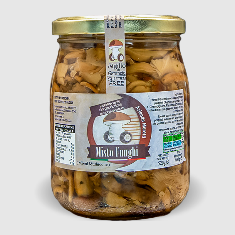 Misto funghi sott'olio  520g - Pleurotus, Galletti, Pioppino, Champignon