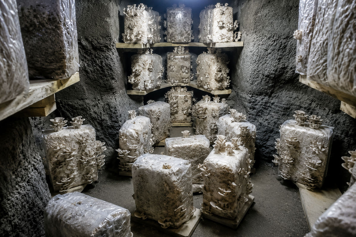 Coltivazione di funghi nella grotta Moretti.