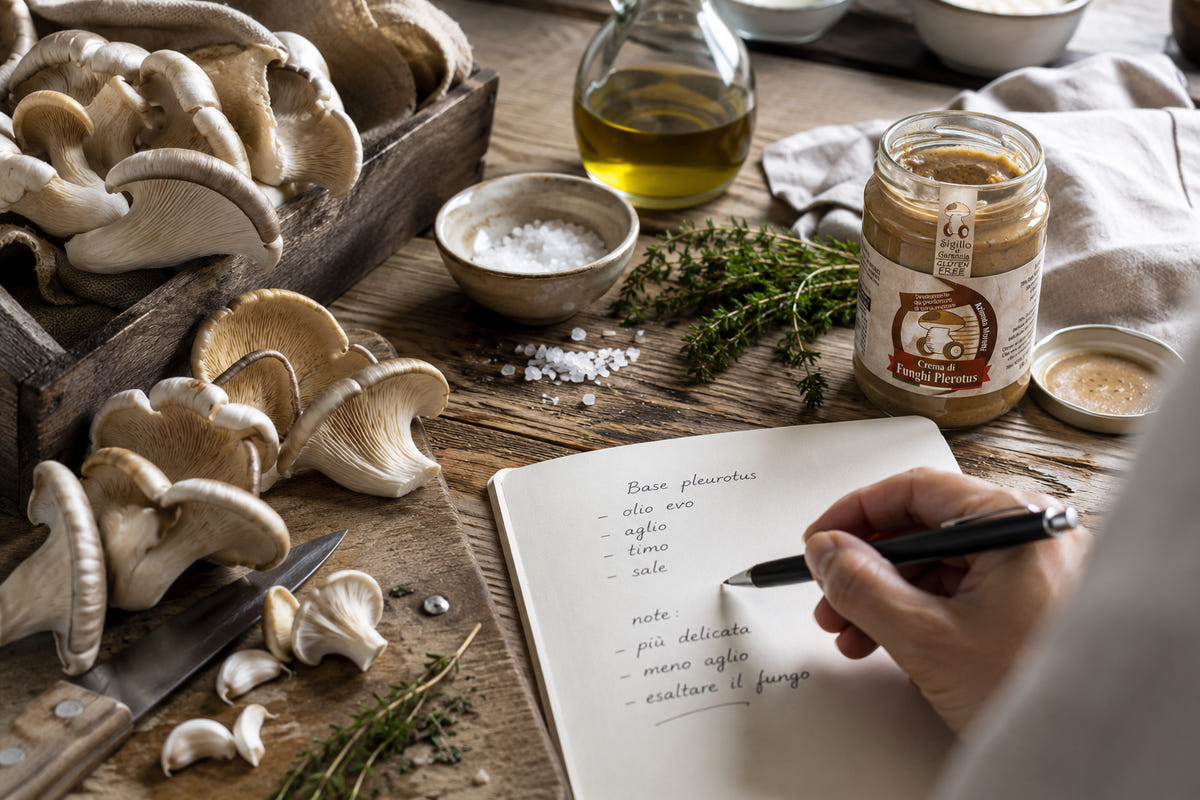 Vasetto di crema di funghi aperto, funghi e una mano che scrive su un quaderno.